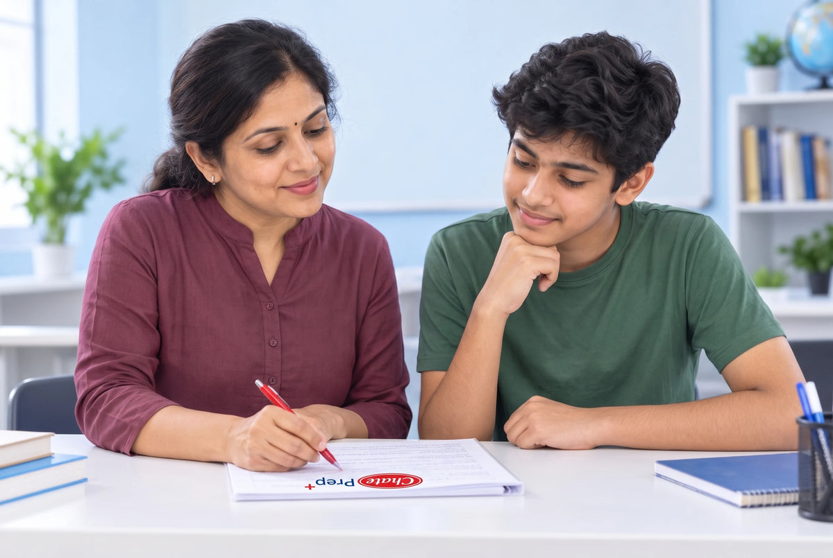 Teacher helping a student review his written answer