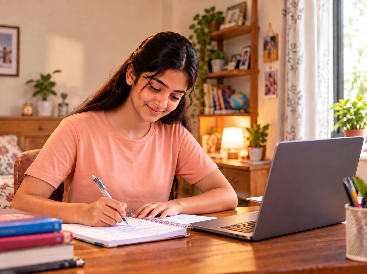 Student studying in Chate Prep Plus uniform with laptop screen facing her