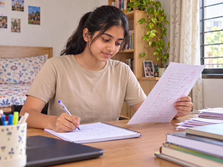 Student reviewing teacher corrections and writing notes