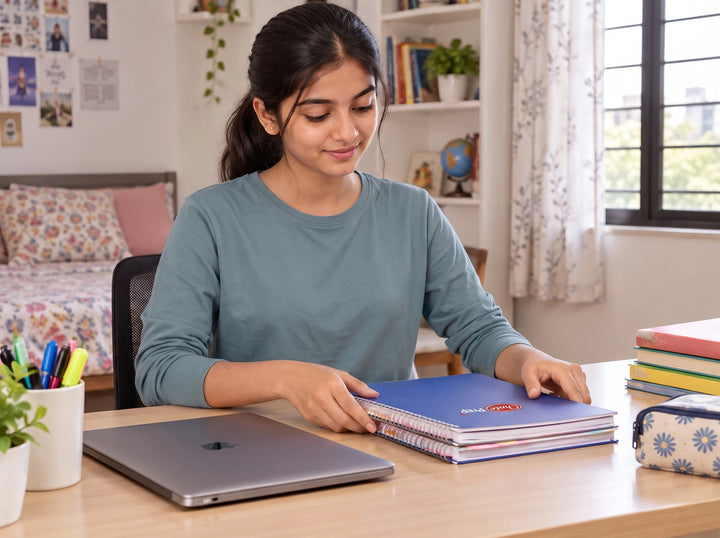 Student organizing study materials before Board exams