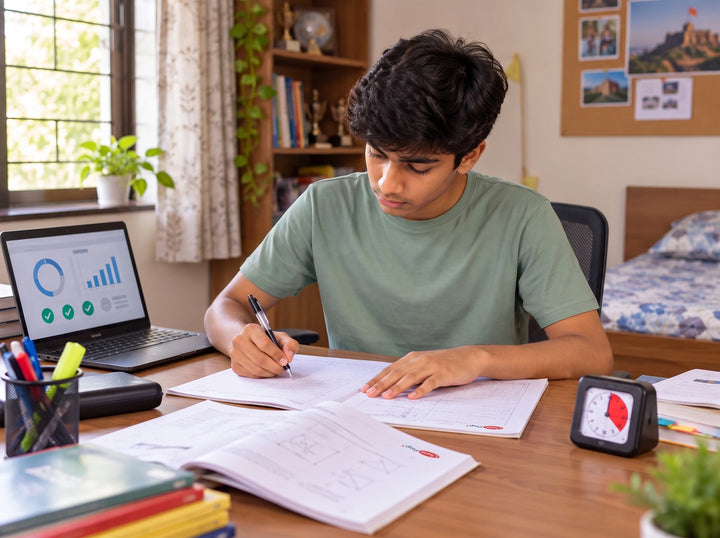 Student practising another timed written paper with a laptop nearby
