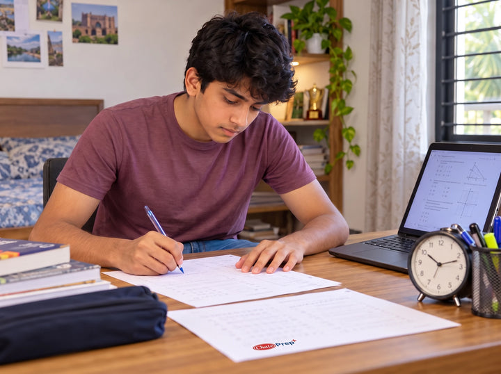 Student writing a timed board paper at a desk
