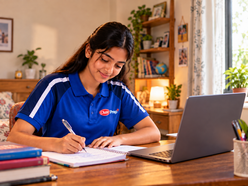 Student studying in Chate Prep Plus uniform with laptop screen facing her